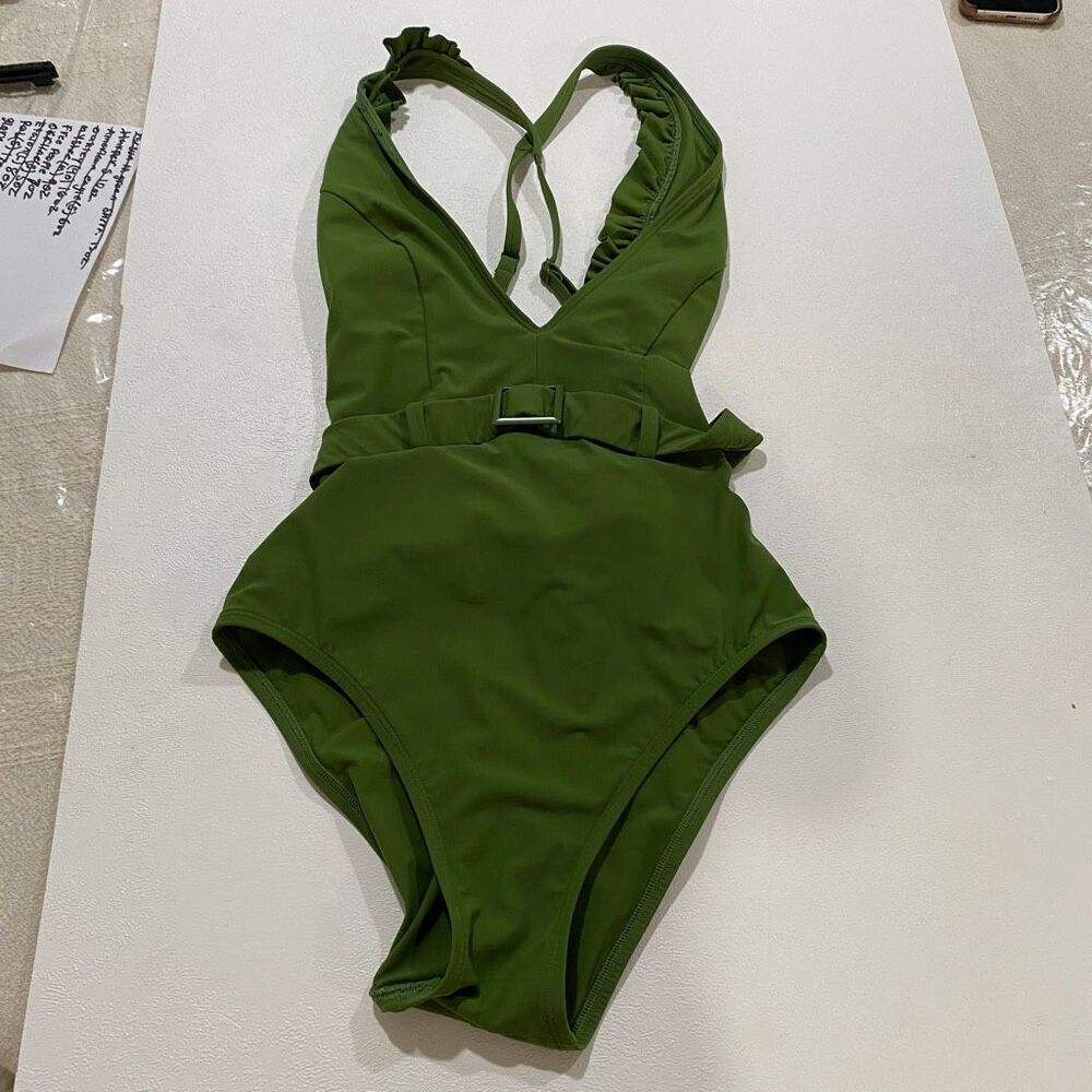 Skinny Dippers Belted One Piece Swimsuit Small – Olive Green Ruffle Strap Cinche